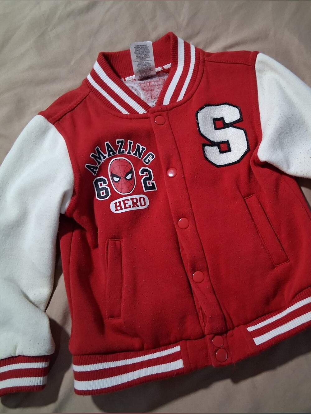 Marvel Spiderman Red & White Kids Varsity Jacket with 'S' Patch